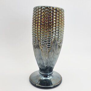 Northwood Dark Amethyst Black Carnival Glass Corn Vase Stalk Base Vintage 6.25"